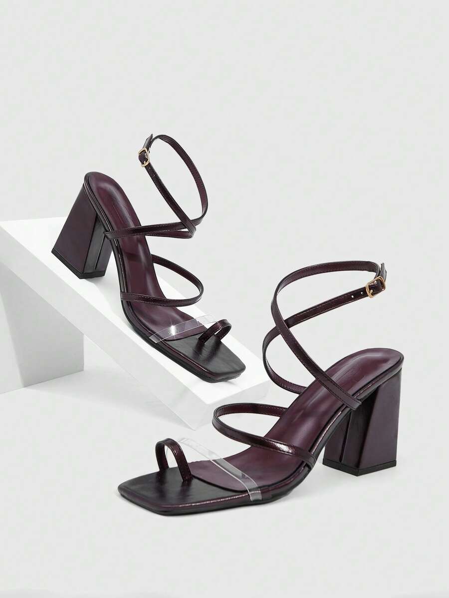 CUCCOO SZL Wine Red PU Toe-Ring Buckle Strap Fashionable Square Toe Chunky Heel Sandals For Commuting - Burgundy - View 1