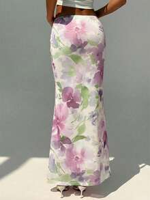 Aloruh 女士花卉印花优雅浪漫A字裙，春夏款 - 紫色 - 查看 2