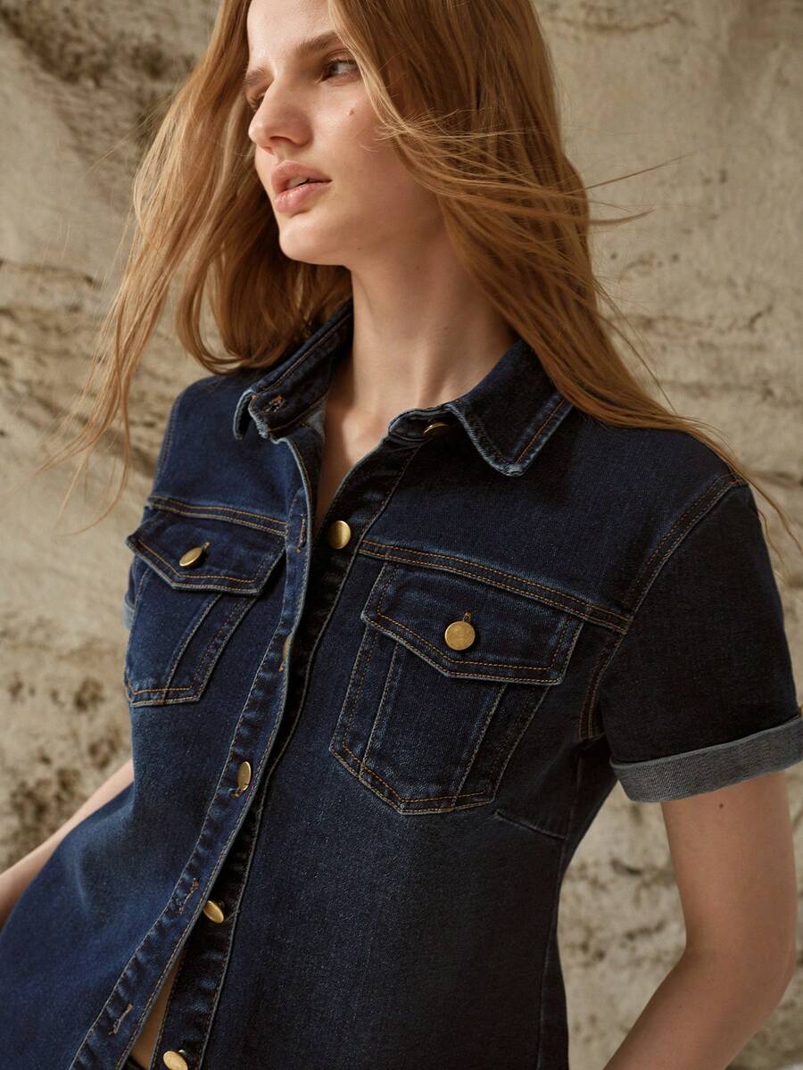 MOTF PREMIUM CAMISA DE MANGA CORTA LAVADO OSCURO, PRIMAVERA/VERANO - Azul lavado oscuro - Ver 1