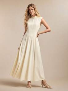 BizChic Spring/Summer New White Mandarin Collar Sleeveless Off-Shoulder Side Invisible Zipper Slit Dress, Versatile Layering, Elegant Carnival Party Wear - Apricot - View 5