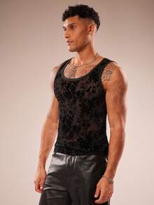 FeverCity Men's Flocked Mesh Round Neck Sleeveless Tank Top - Black - View 4