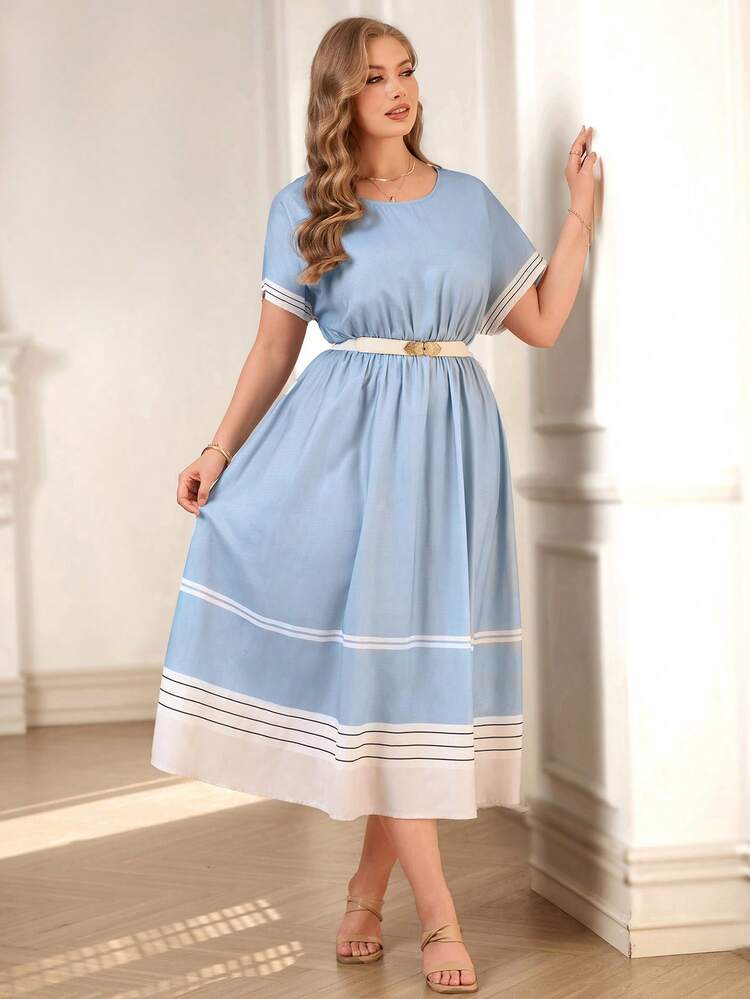 Plus Size Casual Colorblock Striped Round Neck Short Sleeve Dress Casual Outfit For Women Summer Outfits Summer Clothes  Spring  Spring Outfit Women Spring Clothes Beach Vacation Outfits For Women Bohemian  Blue And White Dress Women Plus Casual Dress, Summer Dresses