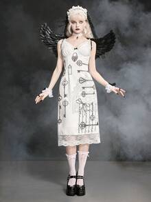 ROMWE Spring/SummergraphicwhiteGothic Lolita Style Keyhole Print & Lace Trim Fitted Mini Dress For Women, Spring/Summer - White - View 7