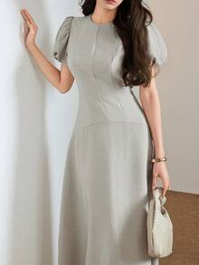 Heiryn Đầm dài đơn giản, thanh lịch, cổ tròn, tay cánh hoa dành cho nữ, màu trơn. - Màu Khaki - Xem 7