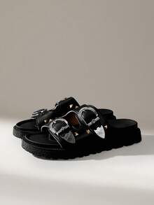 Solecia Sandalias de plataforma con puntera abierta, hebilla y remaches metálicos de doble raya en color liso. Modernas, cómodas, antideslizantes, versátiles y resistentes a la suciedad. Ideales para uso diario. - Negro - Ver 2