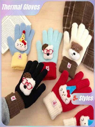 1pc Girly Winter Thermal Five-Finger Gloves | Cute Doll Fluffy Knit Gloves For Student Writing & Typing