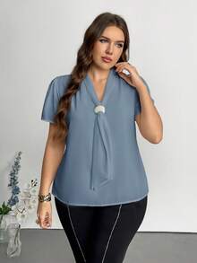 Firerie Plus Size Elegant Beaded Decor Blouse For Summer - Dusty Blue - View 6