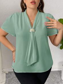 Firerie Plus Size Solid Color Ribbon Collar Short Sleeve Casual Minimalist Shirt - Mint Green - View 11