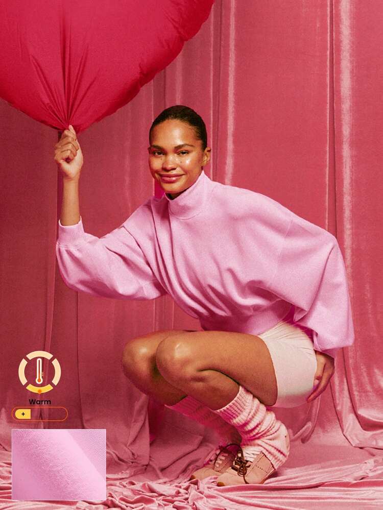 Modal Macio e Quente, Bainha Curva Bolha, Cintura Comprida, Punhos Nervurados Oversized, Gola Alta, Moletom Diário