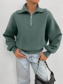 SHEIN Cottnline 100% Cotton Collar With Zipper Pattern Oversize Sweatshirt - Mint Green - View 6