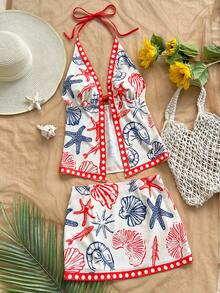 Soleia Conjunto de Praia Feminino 2 Peças, Top Halter com Decote em V e Amarração com Estampa de Estrela-do-Mar e Vida Marinha & Saia de Cintura Baixa, Azul Marinho e Branco, Verão, Boho, Férias, Roupa de Praia - Multicolorido - Visão 8