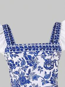 SHEIN ChillGRL Teen GirlVacation Cap Sleeve Tie-Front Jumpsuit - Blue - View 6