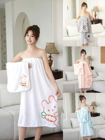 1pc Women Wearable Hooded Bath Towel, Polyester Fiber, Solid Color, Cute Animal Embroidery Pattern, Bathrobes Or Kitchen/Face Towels, Absorbent, Quick-Drying & Soft, Suitable For Bathroom, Hotel, Party, Beach, Travel, Holiday Gifts