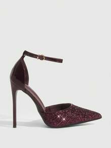 CUCCOO SZL 女士尖头细高跟酒红色亮片踝带镂空鞋，时尚性感，适合晚宴、夜店等场合，女士高跟鞋 - 格麗特酒紅 - 查看 4