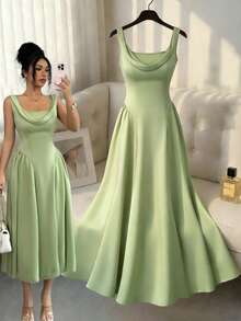 Elenzga 新款法式方领收腰缎面垂褶优雅修身派对连衣裙，女士 - 綠色 - 查看 3