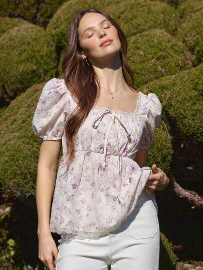 WESTFADE Floral Embroidered Square Neck Bow Tie Front Short Puff Sleeve A Line Lace Trim Top Winter, Spring, Resort, Valentine's Day, Casual, Cute, Boho, Western Wear For Women, Nashville, Vacation, Country Concert