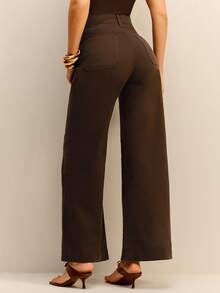 Daynim Calça Feminina Wide Cropped com Elastano Elegante Trabalho Marrom Média Carpinteiro - Castanho - Visão 2