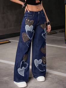 Flirla Jeans de pierna ancha con patrón de corazón de leopardo bordado - Azul lavado oscuro - Ver 5