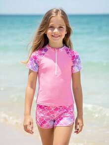 SHEIN Tween Girls' Gradient Ombre Fish Scale Print Half-Zip Front Tankinis Swimsuit, Beach Vacation Style, Summer - Pink - View 4