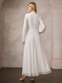 MOTF Soiréza 撞色蕾丝高领灯笼袖雪纺连衣裙 - 白色 - 查看 4