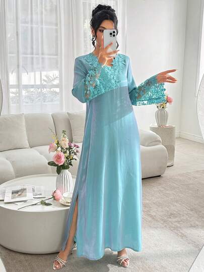 SHEIN Najma V领花卉刺绣长袖拼接荷叶边下摆长款连衣裙，土耳其和阿拉伯传统风格