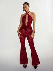 SHEIN ICON Women's Zebra Print Halter Neck Metal Linked Fashionable Date Outing Jumpsuit - Red - View 7