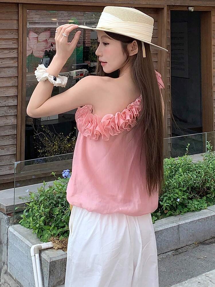Patchwork 3D Floral Trim Asymmetric Shoulder Sleeveless Casual Summer Blouse For Women