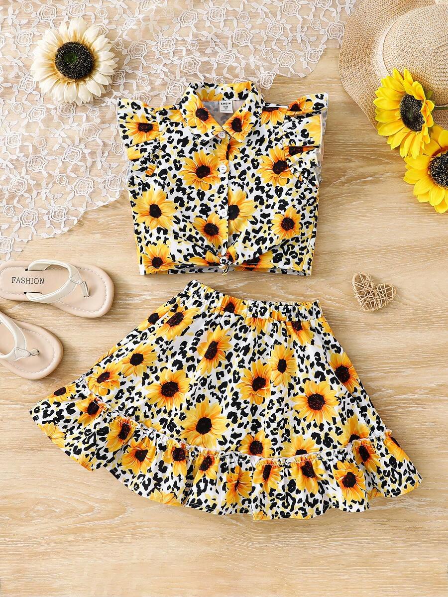 SHEIN 两件套少女碎花编织休闲背心和迷你裙套装 - 彩色 - 查看 1