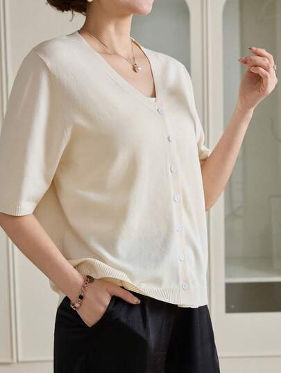 Livesso Women V-Neck Loose Short Sleeve Knit Top