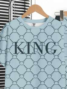 男童新款休闲复古花卉英文字母“King”运动风复古美式撞色舒适宽松圆领短袖T恤和裤子套装 - 白色 - 查看 4