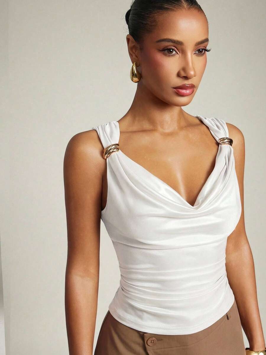 Hauture Women's Basic Casual Office Ruched Shoulder With Gold Decor Cowl Neck Top - White - View 1