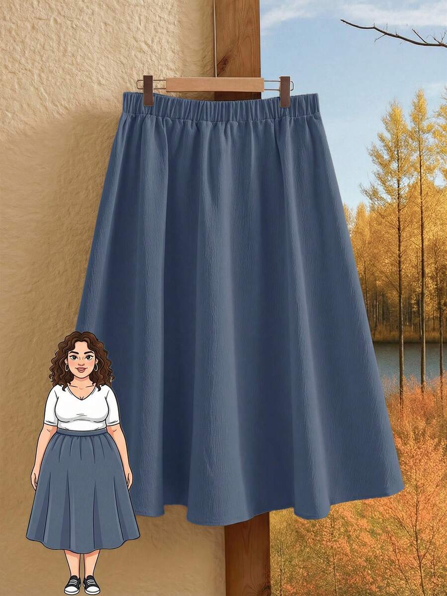 Rusticease Plus Size Elastic Waist Solid Color Casual Summer Versatile Skirt - Navy Blue - View 1