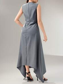 Heiryn Steel Gray Summer Elegant Women's Draped Mock Neck Sleeveless Asymmetrical Maxi Dress,Handkerchief Hem Formal Occasion Dress For Wedding Guest&Brunch - Grey - View 5