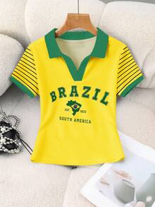 Rovax Women's Casual Letter Print Short Sleeve Top, Summer - Green - View 4