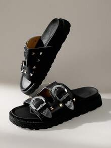 Solecia Sandalias de plataforma con puntera abierta, hebilla y remaches metálicos de doble raya en color liso. Modernas, cómodas, antideslizantes, versátiles y resistentes a la suciedad. Ideales para uso diario. - Negro - Ver 6