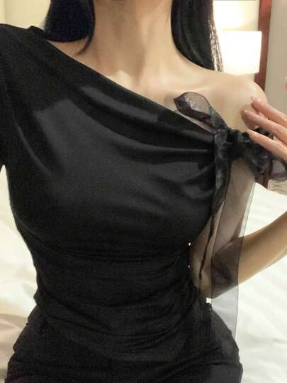 FRIFUL Women's Fitted Slash Neck Mesh Bow Tie Decor Sexy Asymmetrical Shoulder T-Shirt