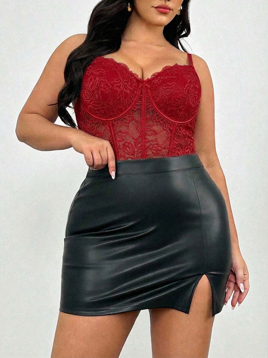 Firerie 大码优雅舒适性感蕾丝撞色网纱弹力连体衣，适合情人节、音乐会、演出、约会、正式晚宴、派对等场合，性感、优雅、通勤、海滩、浪漫、OL风、美人鱼风格、生日派对等。 - 酒紅色 - 查看 1