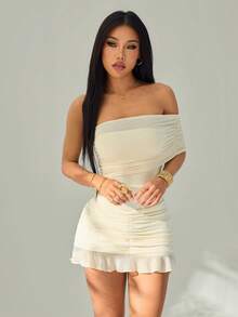 SHEIN PETITE Bodycon Asymmetrical Mesh Off Shoulder Mini Dress - Apricot - View 1