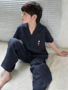 Dazy Kids Tween Boy Textured Button Front Short Sleeve Top And Pants, Summer Outfit - Navy Blue - View 6