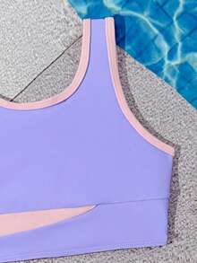 Conjunto de traje de baño de verano de 2 piezas con chaleco y shorts elásticos cómodos con recortes en color morado, un conjunto de 2 piezas de verano para niñas preadolescentes - Morado - Ver 4