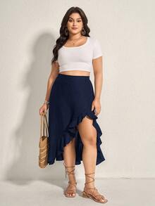 Comfylo Plus Ruffle Trim Asymmetrical Hem Summer Women Skirt - Navy Blue - View 4