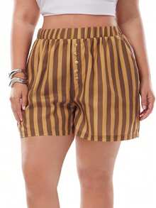 Solavibe Quần short nữ cỡ lớn, cạp chun, cài nút trang trí, dáng chữ A, họa tiết kẻ sọc, thích hợp cho mùa xuân/hè. - Nhiều màu - Xem 3