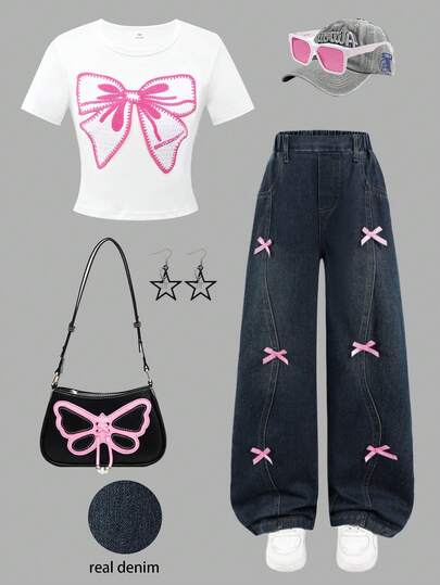 SHEIN 两件套女童休闲套装 - 蝴蝶结装饰T恤和牛仔裤