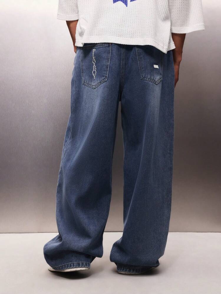 PLAYBOY X SUMWON Men's Relaxed Baggy Logo Denim Jeans Wide Leg Casual Streetwear Medium Wash Blue Pants