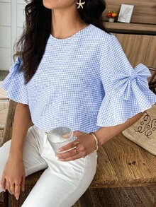 SHEIN LUNE 女士格子圆领蝴蝶结装饰休闲百搭日常衬衫 - 淺藍色 - 查看 3