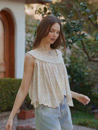 WESTFADE Smocked Neck Sleeveless Embroidered Scalloped Textured Ditsy Floral Ruffle Flowy Babydoll Tank Top Cute Asymmetrical, Hanky Hem Top,  Spring, Resort Wear, Summer, Casual, Boho, Vacation, Beach, Nashville, Cowgirl, Western Clothes, Festival, Stagecoach, Coachella