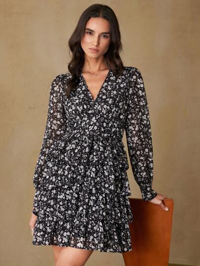 Aveloria Rosie New Romantic Floral Layered Cake Mini Skirt Dress, V-Neck High Waist Long Sleeve