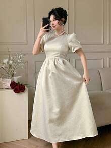 DAZY 女士圆领泡泡袖优雅连衣裙 - 杏色 - 查看 6