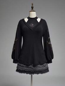 ROMWE Spring/Summerblack2pcs Gothic Snake Skin Floral Embroidery Design Women Set, Camisole + Outerwear Top - Black - View 9