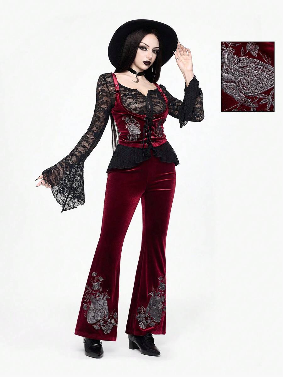 ROMWE Goth Conjunto de mujer de terciopelo con bordado de corazón gótico y floral - Burdeos - Ver 1